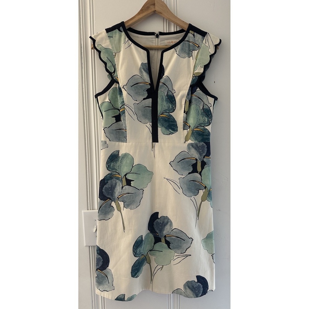 Tory Burch Floral Sheath Dress Size 6 Blue Iris Print Ruffle Sleeve Cotton